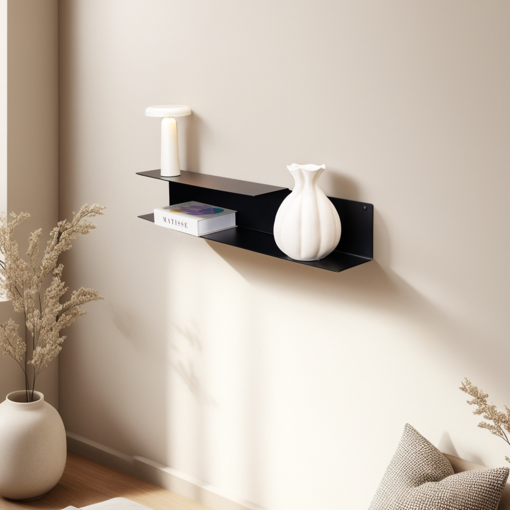 Dubbele wandplank 'Riser' L, 90cm, kleur zwart